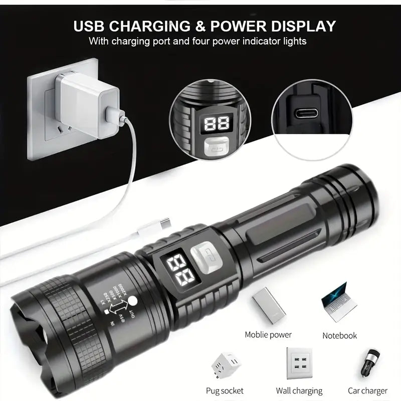 pcs Rechargeable High-Power LED Flashlights with Zoomable Spotlight, USB Cable, Emergency